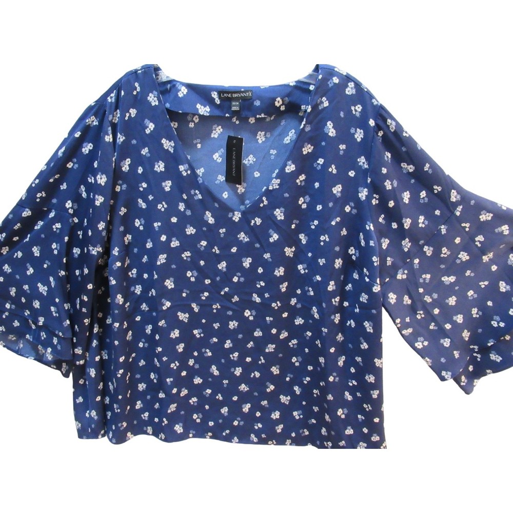 Lane Bryant 22 24 blue white flowers top blouse tiered flutter‎ long sleeve